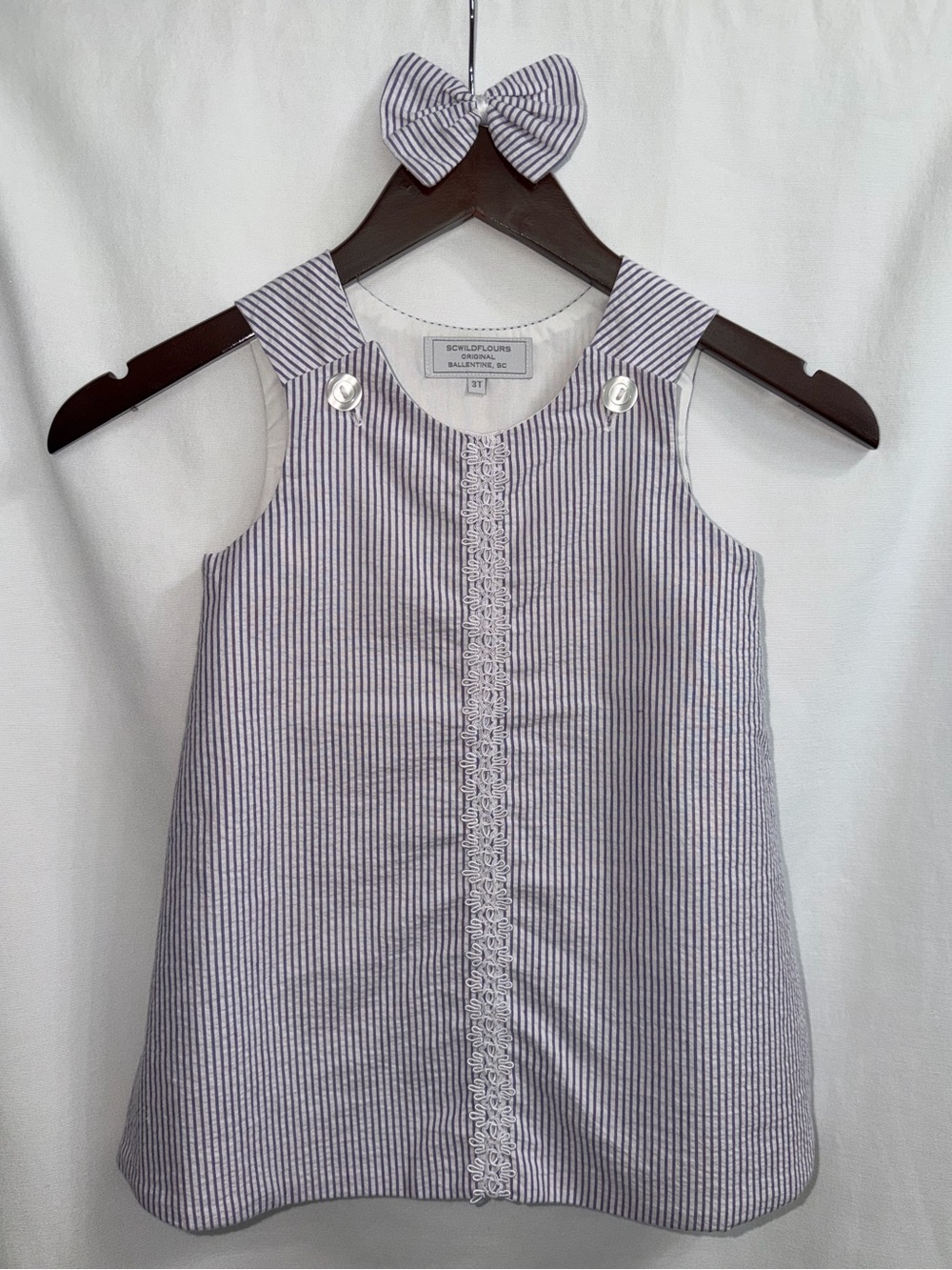 Seersucker A-line Girls Dress with Lace Trim - Purple/White - 3T